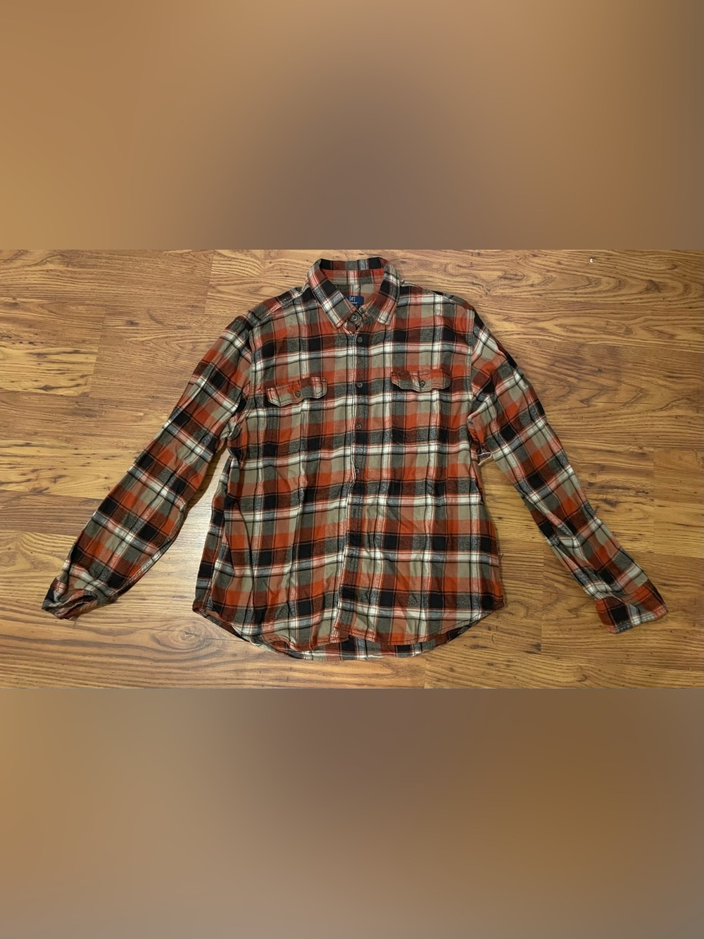 Men's Orange Black Brown Plaid Button-Down XL Shirt